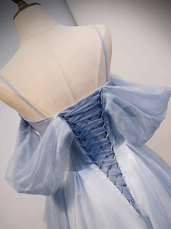 Glitter A-Line Princess Off Shoulder Tulle Gray Blue Long Prom Dress Sparkly Evening Dress