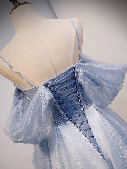 Glitter A-Line Princess Off Shoulder Tulle Gray Blue Long Prom Dress Sparkly Evening Dress