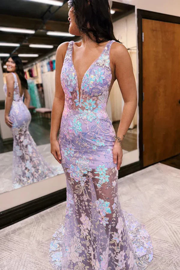V Neck Mermaid Sequin Lace Long Prom Dresses Sexy Evening Dress With Flowers