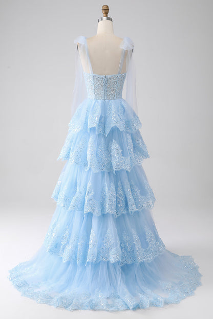 Spaghetti Straps Dark Blue Tiered Sequined Prom Dress with Appliques Sexy