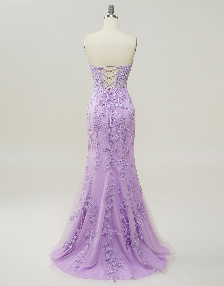 Lilac Mermaid Corset Back Long Prom Dress With Appliques Charming Evening Dress