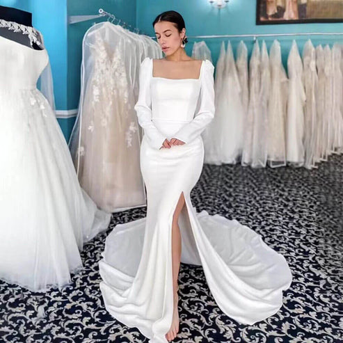 Mermaid High Side Split Backless Long Sleeves Square Neck Satin Wedding Dresses Open Back