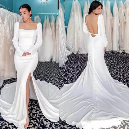 Mermaid High Side Split Backless Long Sleeves Square Neck Satin Wedding Dresses Open Back