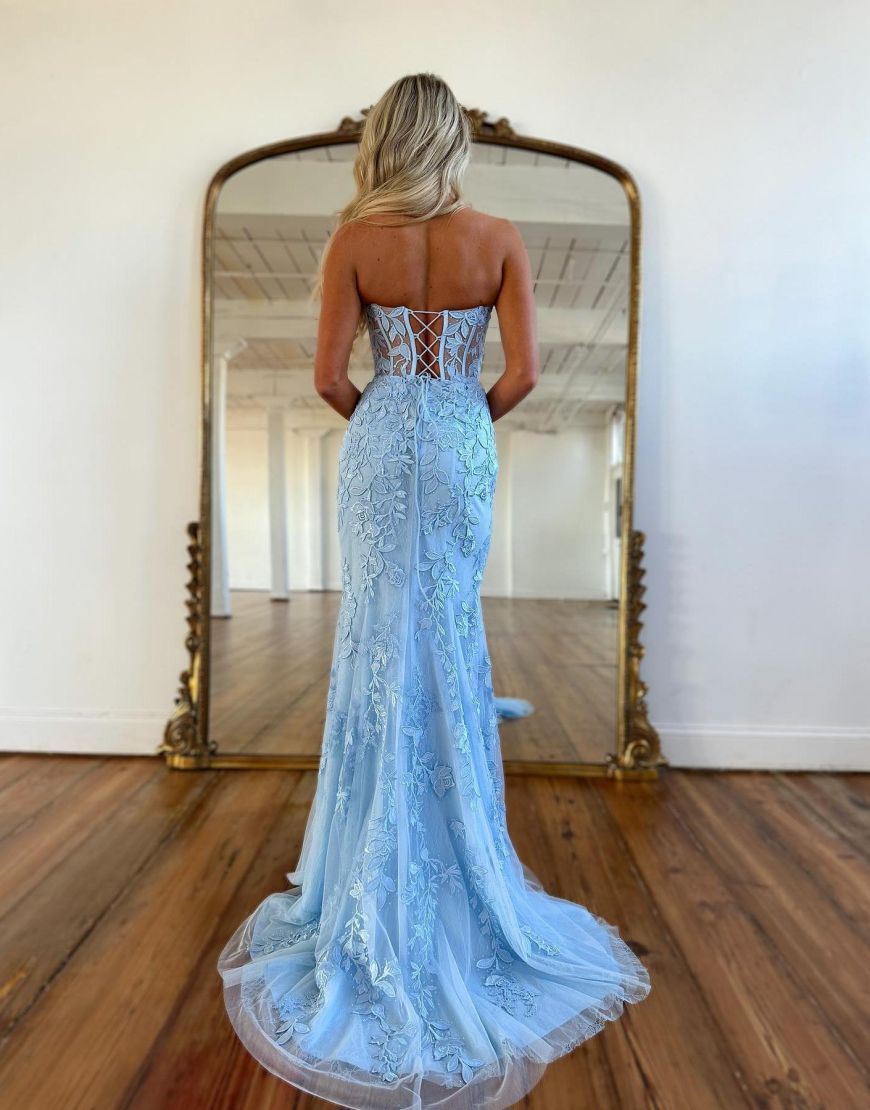 Lilac Mermaid Corset Back Long Prom Dress With Appliques Charming Evening Dress