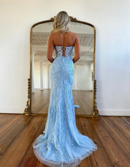 Lilac Mermaid Corset Back Long Prom Dress With Appliques Charming Evening Dress