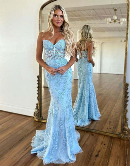 Lilac Mermaid Corset Back Long Prom Dress With Appliques Charming Evening Dress