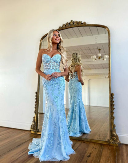 Lilac Mermaid Corset Back Long Prom Dress With Appliques Charming Evening Dress
