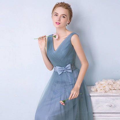 Double V Cut Pleated Bow Tie Bridesmaid Dress - RongMoon