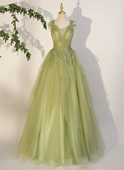 Light Green A-line Tulle with Lace Applique Prom Dress, Green Formal Dress