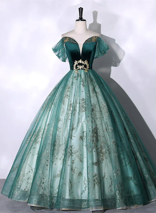 Green Ball Gown Tulle Beaded Off Shoulder Sweet 16 Dress, Green Evening Gown