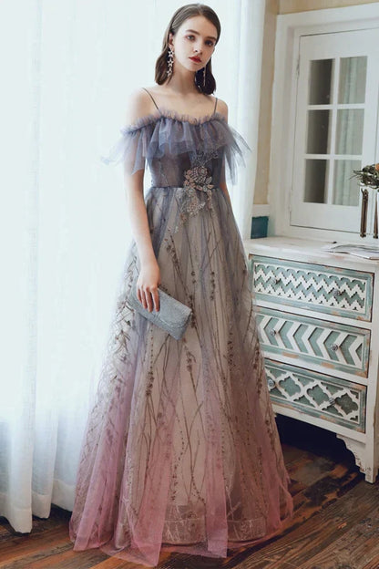 Beautiful Gradient Straps Off Shoulder Tulle A-line Prom Dress, Blue and Pink Party Dress