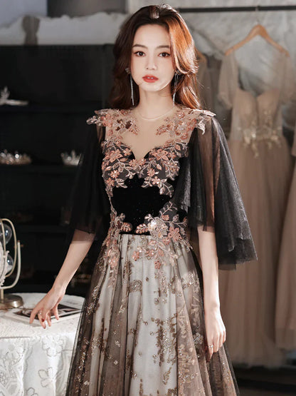 Black Velvet and Tulle with Lace Long Prom Dress, Black Formal Dress
