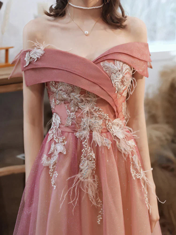 Gradient Pink Off Shoulder A-line with Flowers Prom Dress, Pink Long Formal Dress