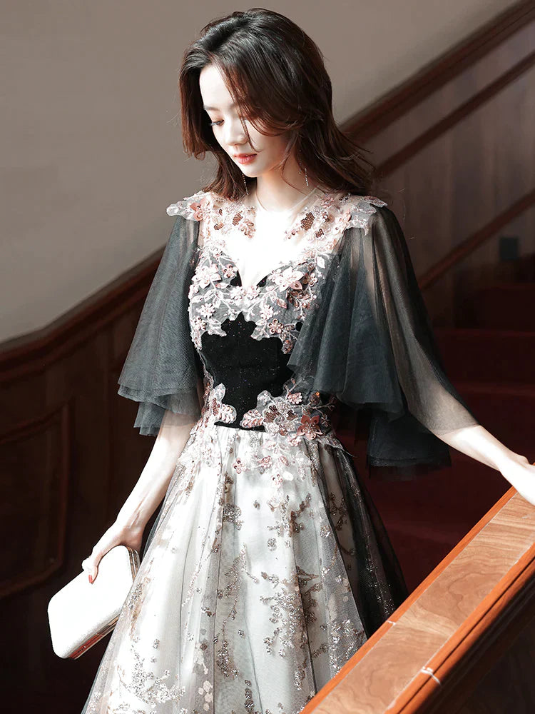 Black Velvet and Tulle with Lace Long Prom Dress, Black Formal Dress