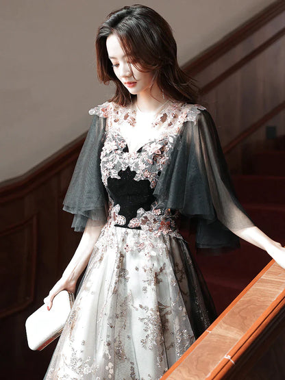 Black Velvet and Tulle with Lace Long Prom Dress, Black Formal Dress