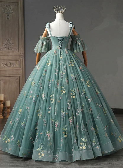 Green Floral Off Shoulder Scoop Long Formal Dress, Floral Prom Dress