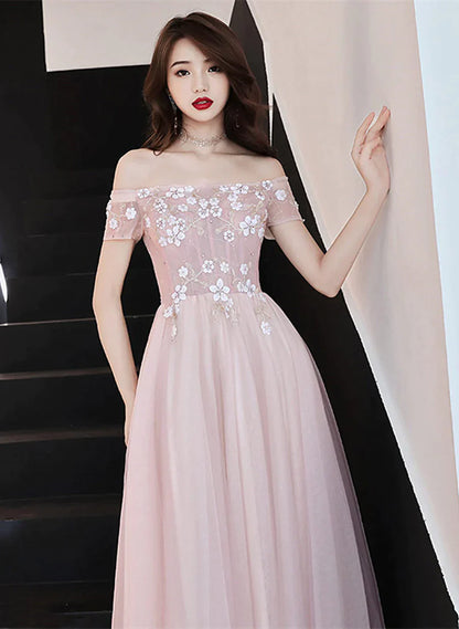 Pink Off Shoulder with Flowers A-line Prom Dress, Tulle Floor Length Party Dress