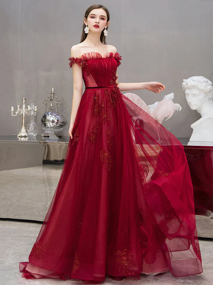 Wine Red Off Shoulder Tulle with Lace Long Formal Dress, Wine Red Prom Dress