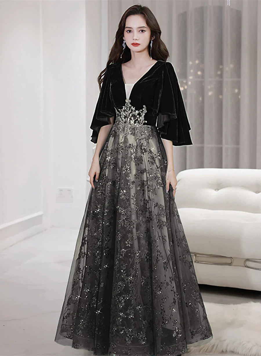 Black Tulle and Velvet Chic Long A-line Prom Dress, Black Formal Dress