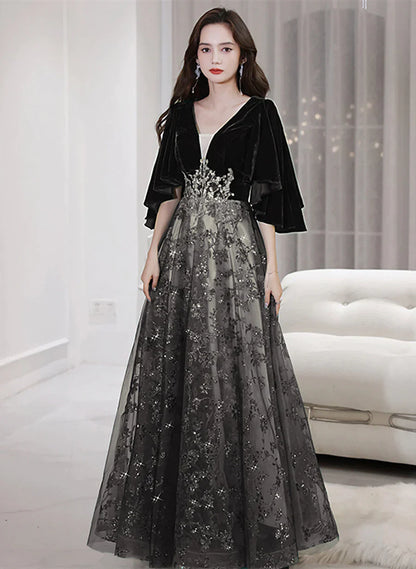 Black Tulle and Velvet Chic Long A-line Prom Dress, Black Formal Dress