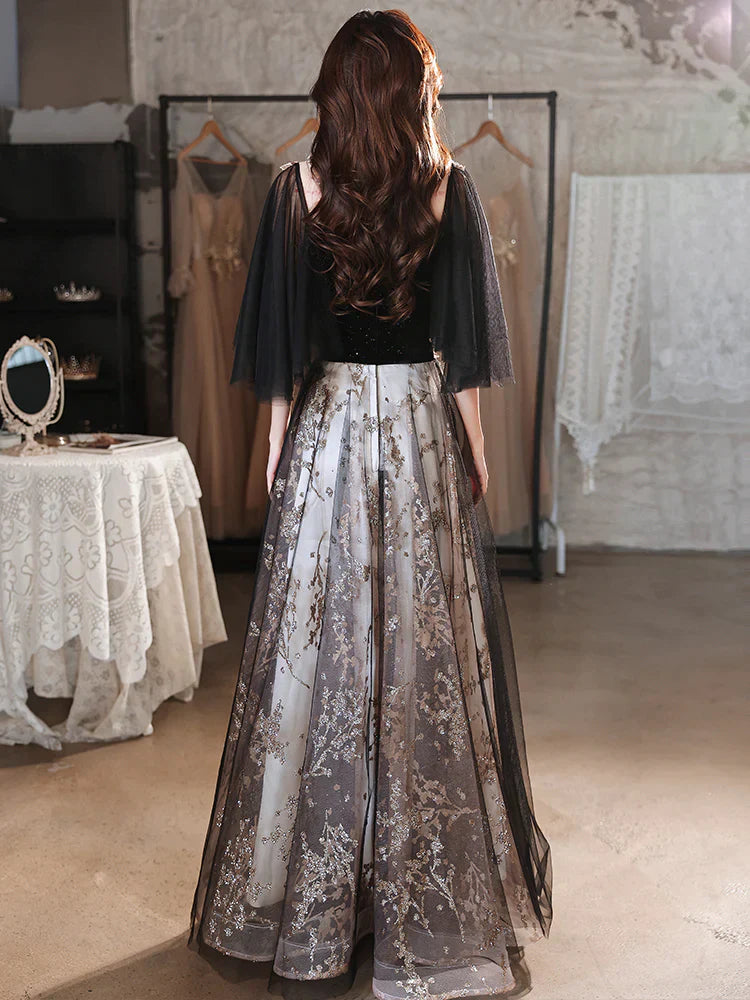 Black Velvet and Tulle with Lace Long Prom Dress, Black Formal Dress