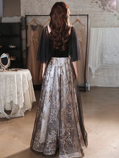 Black Velvet and Tulle with Lace Long Prom Dress, Black Formal Dress