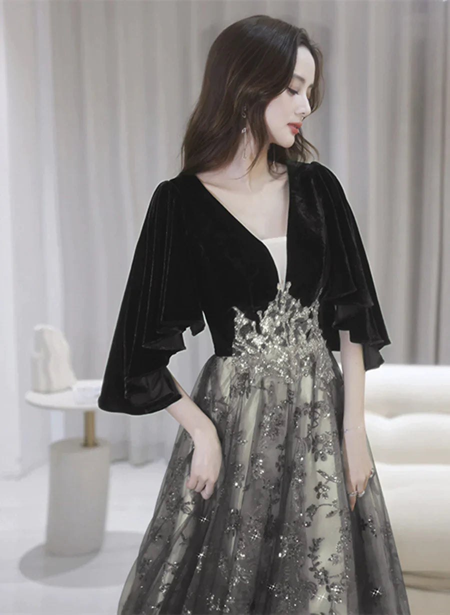 Black Tulle and Velvet Chic Long A-line Prom Dress, Black Formal Dress