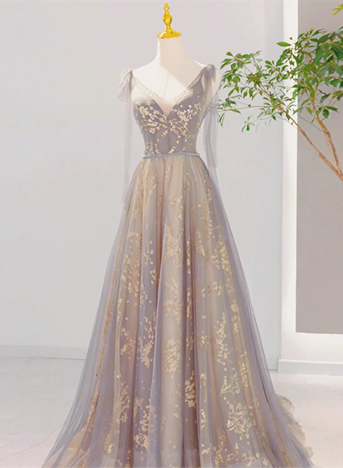 Beautiful V-neckline Lace-up Champagne and Grey Long Formal Dress, Tulle Prom Dress