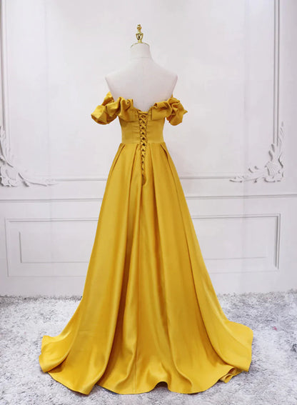 Gold Satin A-line Sweetheart Long Junior Prom Dress, Floor Length Satin Evening Dress