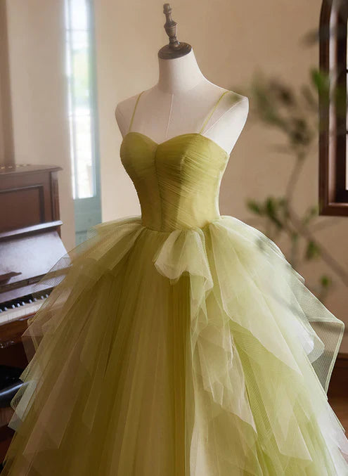 Green Sweetheart Straps Tulle Long Party Dress Prom Dress A Line december wedding guest dress