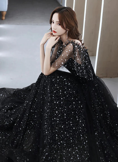 Black Off Shoulder Tulle Long Prom Dress, A-line Black Shiny Tulle Formal Dress
