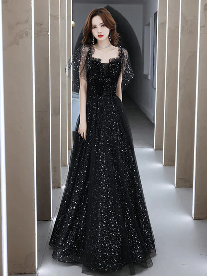 Black Off Shoulder Tulle Long Prom Dress, A-line Black Shiny Tulle Formal Dress