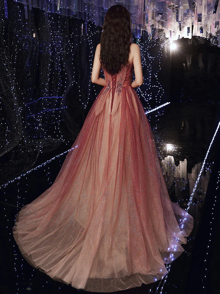 Red Gradient Beaded Beautiful Shiny Tulle Prom Dress, Long A-line Formal Dress