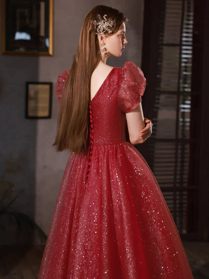 Wine Red Tulle Shiny Tulle V-neckline Lace-up Prom Dress, Wine Red Formal Dress