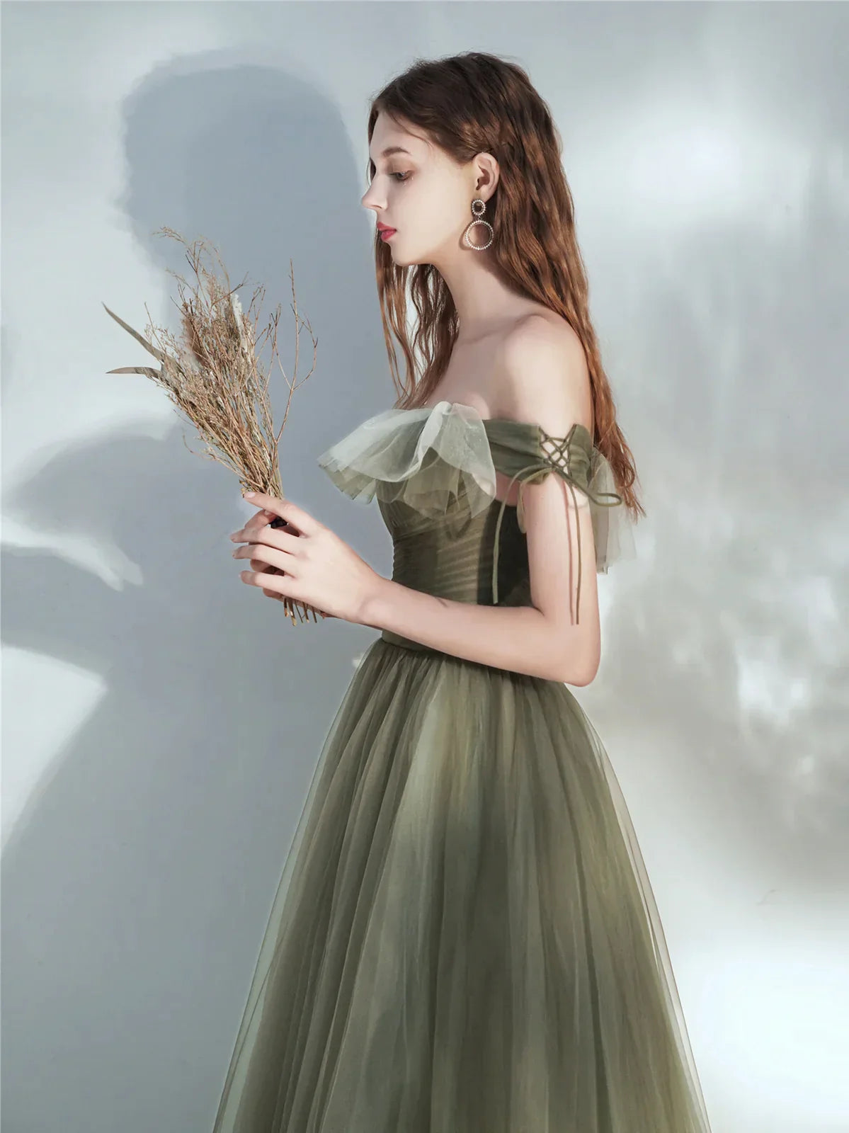 Green Off Shoulder Tulle Long Junior Prom Dress, Green Floor Length Party Dress