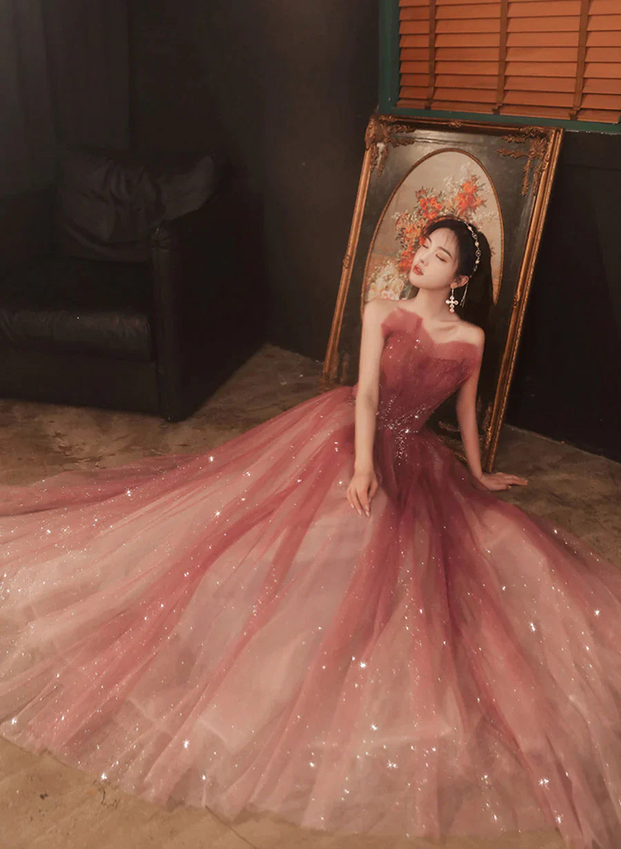 Red Gradient Beaded Beautiful Shiny Tulle Prom Dress, Long A-line Formal Dress