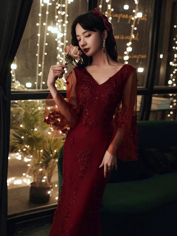 Wine Red Mermaid Long Prom Dress with Lace, V-neckline Prom Dress