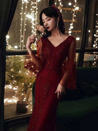 Wine Red Mermaid Long Prom Dress with Lace, V-neckline Prom Dress
