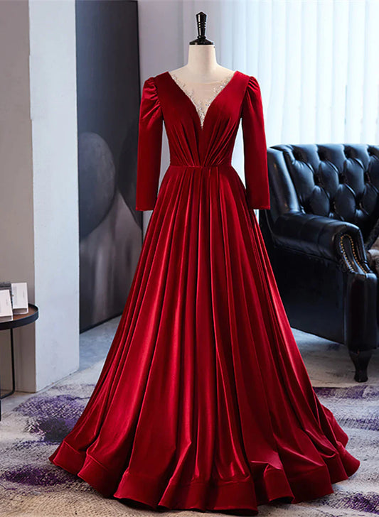 Wine Red Velvet Long Sleeves See Through Prom Dress, Wine Red Wedding Party Dress