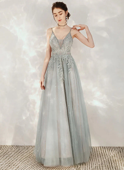Tulle A-line Beaded Straps Long Party Dress, A-line Low Back Prom Dress