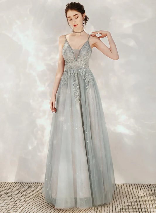 Tulle A-line Beaded Straps Long Party Dress, A-line Low Back Prom Dress