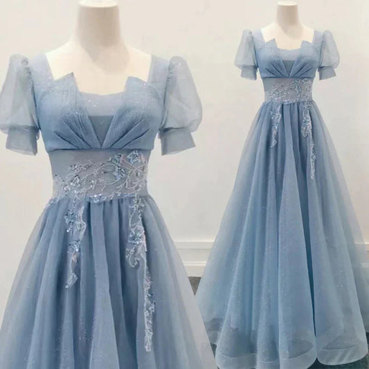 Blue Shiny Tulle Short Sleeves Long Formal Dress, Blue A-line Prom Dress