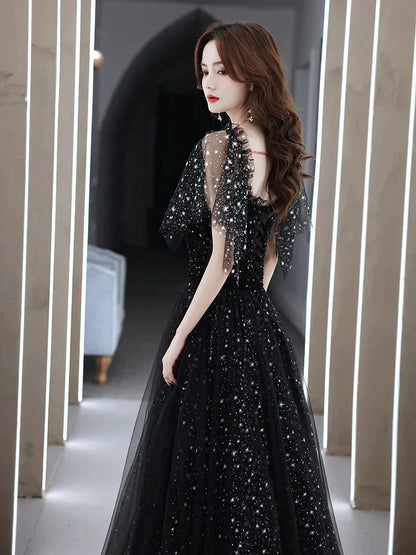 Black Off Shoulder Tulle Long Prom Dress, A-line Black Shiny Tulle Formal Dress