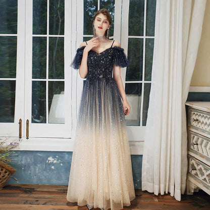 Navy Blue Straps Gradient Tulle Long A-line Prom Dress, Blue Evening Party Dress