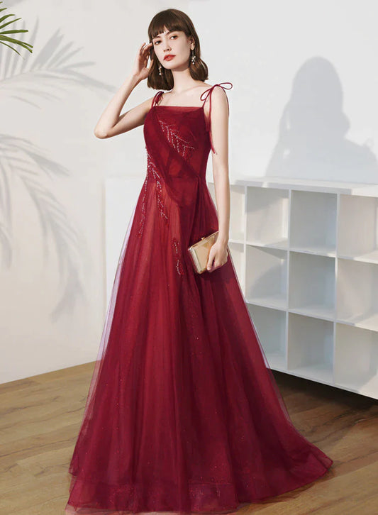 Wine Red Scoop Beaded A-line Long Junior Prom Dress, Wine Red Lace-up Party Dress
