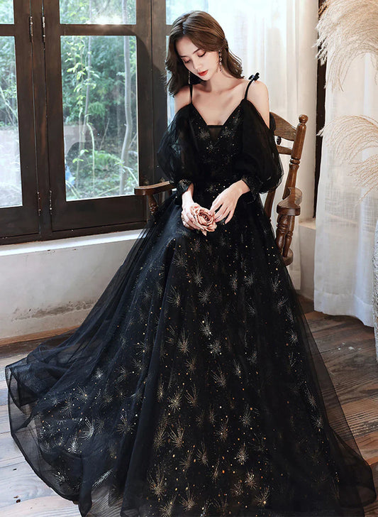 Black V-neckline Straps A-line Long Lace-up Prom Dress, Black Formal Dress