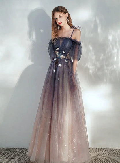 Beautiful Gradient Tulle Off Shoulder with Butterflies, A-line Simple Long Prom Dress