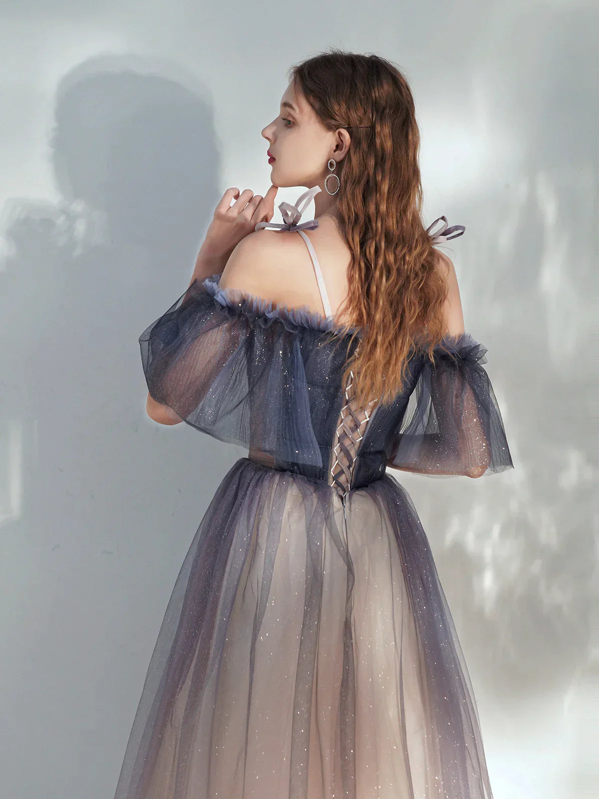 Beautiful Gradient Tulle Off Shoulder with Butterflies, A-line Simple Long Prom Dress