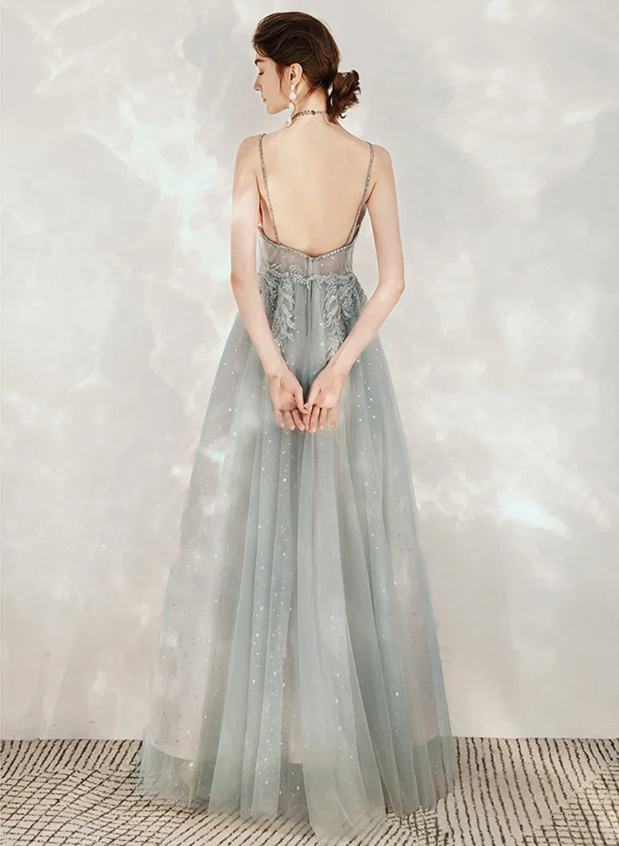 Tulle A-line Beaded Straps Long Party Dress, A-line Low Back Prom Dress