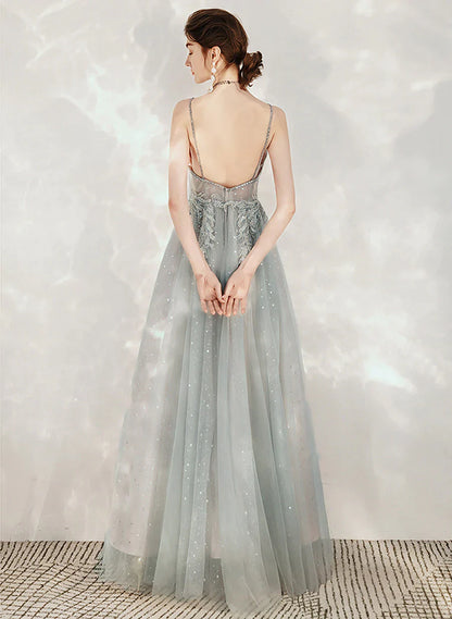 Tulle A-line Beaded Straps Long Party Dress, A-line Low Back Prom Dress